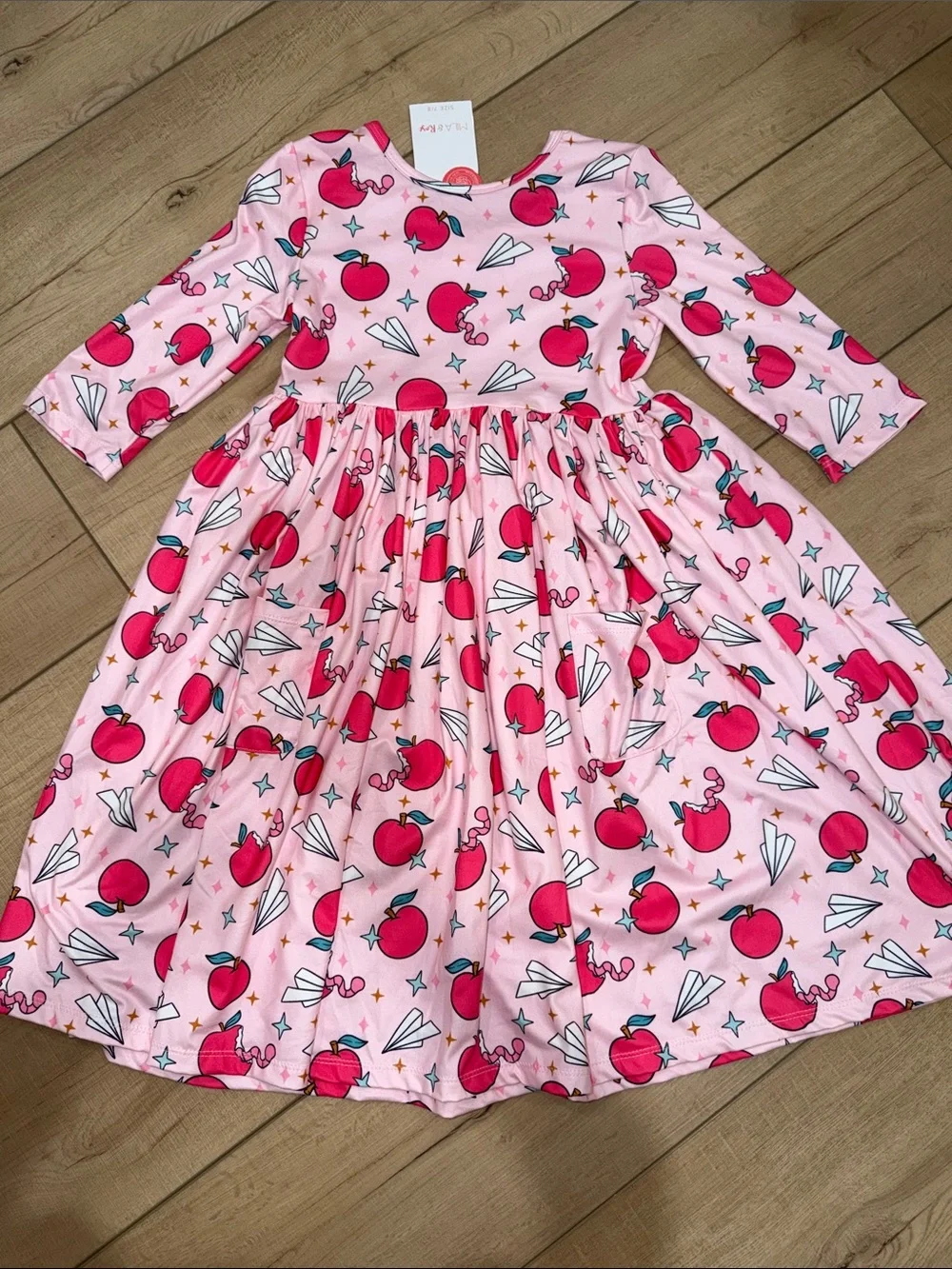 Girls Pink Apple Print Quarter-Sleeve Back to School Twirl Dress